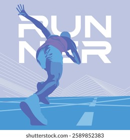 dynamic blue sporty male runner silhouette illustration. low angle perspective view