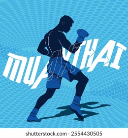 dynamic blue sporty muay thai person fighter silhouette poster illustration.