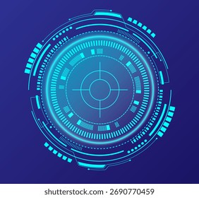 Dynamic blue tones highlight futuristic interface graphics with glowing crosshairs and structured digital overlays.