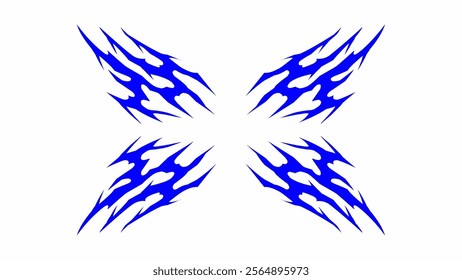 Dynamic blue tribal design with sharp, flame like patterns forming a symmetrical cross. Perfect for tattoo inspiration, t-shirt prints, or digital art with a bold and edgy aesthetic