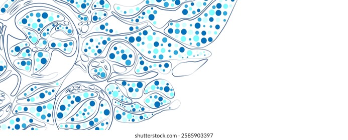 Dynamic blue vector background with chaotic, textured lines, particles, and circles. Modern, energetic cellular network style. Ideal for tech, business, and medical presentations and banners