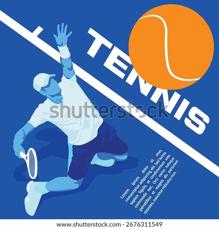 Dynamic blue vector illustration of a male tennis player hitting the ball, top view perspective.