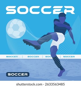 Ilustração vetorial azul dinâmica de um jogador de futebol chutando uma bola durante um torneio em silhueta. Design moderno de estilo plano com fundo abstrato azul