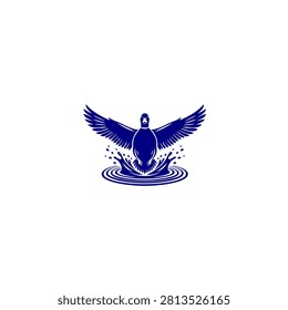 Dynamic blue vector logo of a duck with fully spread wings taking flight from splashing water, creating ripples and droplets on a clean white background