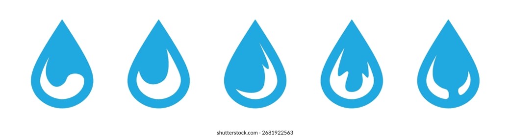 Dynamische blaue Wassertropfen-Symbole. Set für Design-Elemente für Flüssigkeiten, Öl und Aqua-Symbole