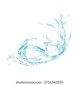 Chorro de agua azul dinámico que forma una forma de onda abstracta. Movimiento líquido limpio aislado en blanco, perfecto para frescura, hidratación, pureza y conceptos de diseño moderno.