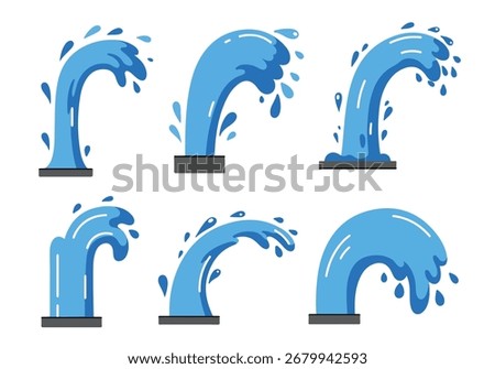 Dynamic blue water streams, gushes, and splashes vector set. Stylized water flow elements for fountains, pipes, and liquid designs, isolated on white.
