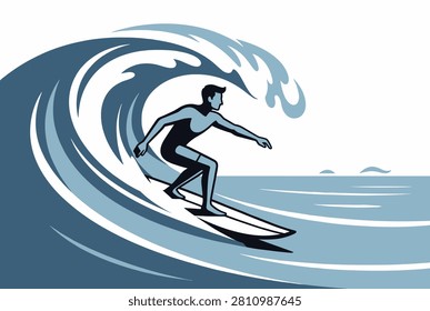 Dynamic blue and white illustration of a male surfer riding inside a large curling ocean wave with spray and movement.