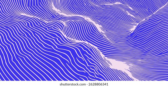 Arte vetorial dinâmica em azul e branco com linhas onduladas hipnóticas. O padrão abstrato cria um efeito de ilusão óptica, perfeito para fundos ou design psicodélico moderno.