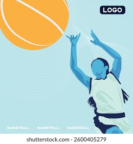 Dynamic blue women basketball player jumping with the ball in the air, top view, whole body visible from head to legs, free throw