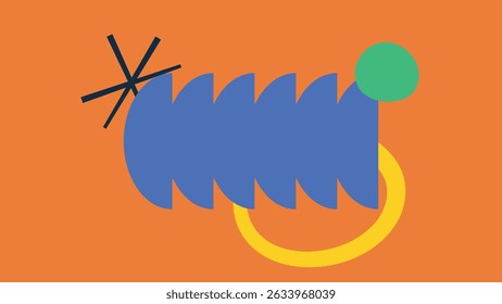 Dynamic blue, yellow, and green abstract forms arranged over a vivid orange background with playful black accents.