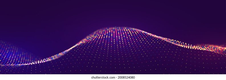 Dynamic blue and yellow particle wave. Abstract sound visualization. Flow digital structure. Mesh landscape or grid data technology.
