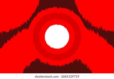 Dynamic blurred ikat design with circular jewelry motifs in scarlet and tomato reds, bold and passionate, suited for fashion posters, party art, and textile branding.