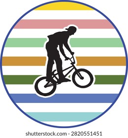 A dynamic BMX rider silhouette performing a trick, set against a vibrant multi color striped circular background with a bold blue outline. This eye-catching badge-style design is perfect for sports branding, stickers, apparel, or extreme sports club logos.