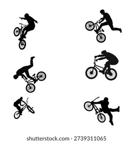 Dynamic BMX rider silhouettes performing freestyle tricks and stunts isolated on white background for sports design projects.