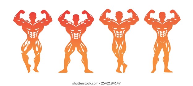 Vetores de pose de musculação dinâmica mostrando força muscular e definição, ideal para marca de fitness.