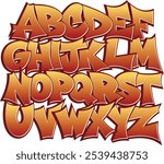 A dynamic and bold 3D graffiti alphabet featuring a vibrant color gradient from gold to orange.  alphabet, 3D graffiti letters, urban typography, street art font,
alphabet design, urban street art.