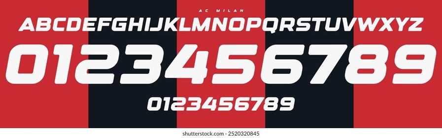 Dynamic bold athletic font, strong impactful numbers and letters for sports branding, team jerseys, modern posters, automotive energetic designs. Vector typeset