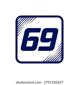 Dynamic and bold number sixty-nine graphic inside a square frame with speed lines, suitable for sports racing or jersey numbering.