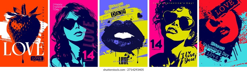 Dynamic bold posters in the style of grunge silhouettes on the theme of love and February 14th