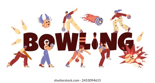 Dynamic bowling scene with animated characters. Vector illustration of players in action with bowling balls and pins.