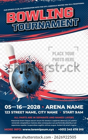 Dynamic bowling tournament poster template with ball, skittle, lightning and grungy elements and place for your photo - vector illustration