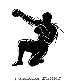 Boxeador dinámico que entrega un golpe potente. Entrenamiento de luchadores de Profesional para la competencia. Las artes marciales combaten el deporte con pose de acción fuerte.