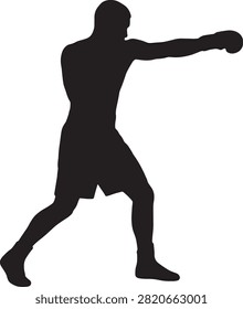Dynamic boxer silhouette in a fighting pose, punching. Editable vector.