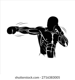 Silueta dinámica del boxeador que lanza el golpe. Poderosa pose de acción de combate. Gráfico musculoso del Vector del atleta. Ilustración de deporte de boxeo.