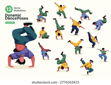Dynamic Breakdancing Poses Set: 13 Vector Illustrations of Diverse Street Dancers Performing Hip Hop Moves, Handstands, and Acrobatic Freezes in Flat Modern Style for Sports and Youth Culture.