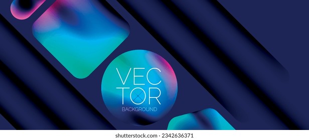 Dynamic bright colorful geometric elements with fluid gradients, lights, shadows blend in a minimal backdrop, creating captivating composition