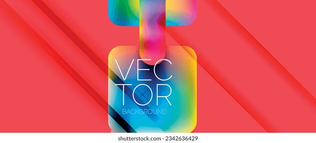 Dynamic bright colorful geometric elements with fluid gradients, lights, shadows blend in a minimal backdrop, creating captivating composition