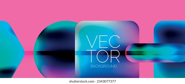 Dynamic bright colorful geometric elements with fluid gradients, lights, shadows blend in a minimal backdrop, creating captivating composition