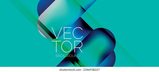Dynamic bright colorful geometric elements with fluid gradients, lights, shadows blend in a minimal backdrop, creating captivating composition