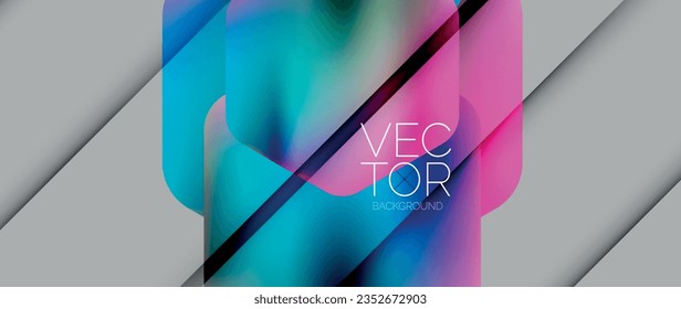 Elementos geométricos dinámicos de colores vivos con gradientes fluidos, luces y sombras se mezclan en un fondo mínimo, creando una composición cautivadora