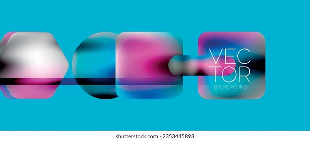 Dynamic bright colorful geometric elements with fluid gradients, lights, shadows blend in a minimal backdrop, creating captivating composition