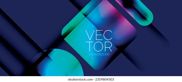 Dynamic bright colorful geometric elements with fluid gradients, lights, shadows blend in a minimal backdrop, creating captivating composition