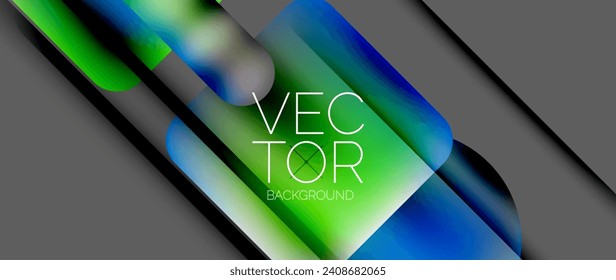 Dynamische, hellbunte geometrische Elemente mit fließenden Farbverläufen, Lichter, Schatten vermischen sich in einem minimalen Hintergrund und schaffen eine fesselnde Komposition