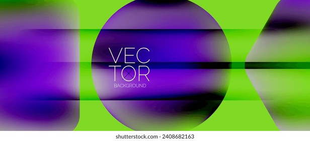 Dynamic bright colorful geometric elements with fluid gradients, lights, shadows blend in a minimal backdrop, creating captivating composition
