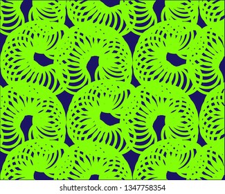 dynamic bright print chaotic green rings circles on blue background, screensaver, poster