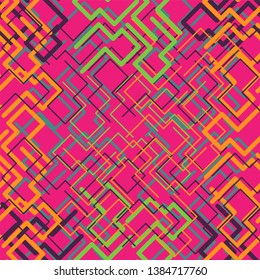 Dynamic, bright seamless pattern for edgy designs. Trendy vector graphics with yellow, green, magenta and purple lines on a turquoise background.