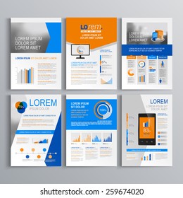 Dynamic brochure template design with blue and orange arrows. Cover layout and infographics