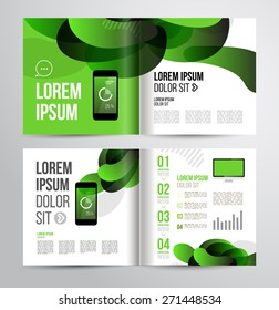 Dynamic brochure template design with green props. Cover layout and infographics. For presentation or brochure.