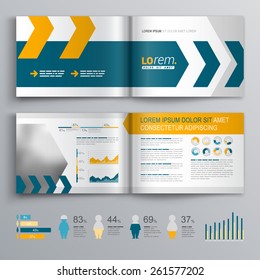 Dynamic brochure template design with yellow and blue arrows. Cover layout and infographics