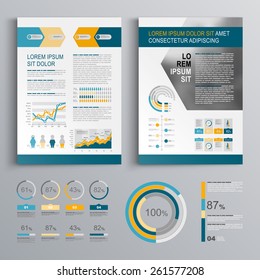 Dynamic brochure template design with yellow and blue arrows. Cover layout and infographics