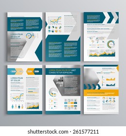 Dynamic brochure template design with yellow and blue arrows. Cover layout and infographics