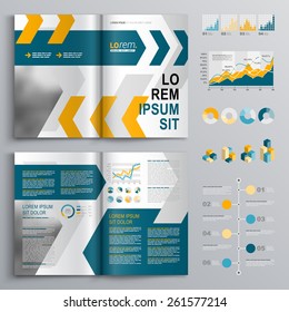 Dynamic brochure template design with yellow and blue arrows. Cover layout and infographics