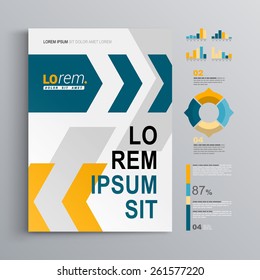 Dynamic brochure template design with yellow and blue arrows. Cover layout and infographics