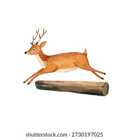 Dynamisches braunes Reh mit Geweihen anmutig springen über einen Baumstamm, in einer lebendigen Tierwelt Illustration Stil gerendert. Perfekt für Naturgrafiken oder Kinderdesigns.
