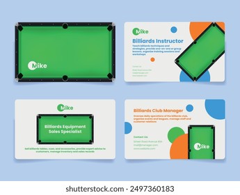 Dynamic business card featuring a billiards instructor s details, highlighting skills and offerings in an engaging and colorful format.